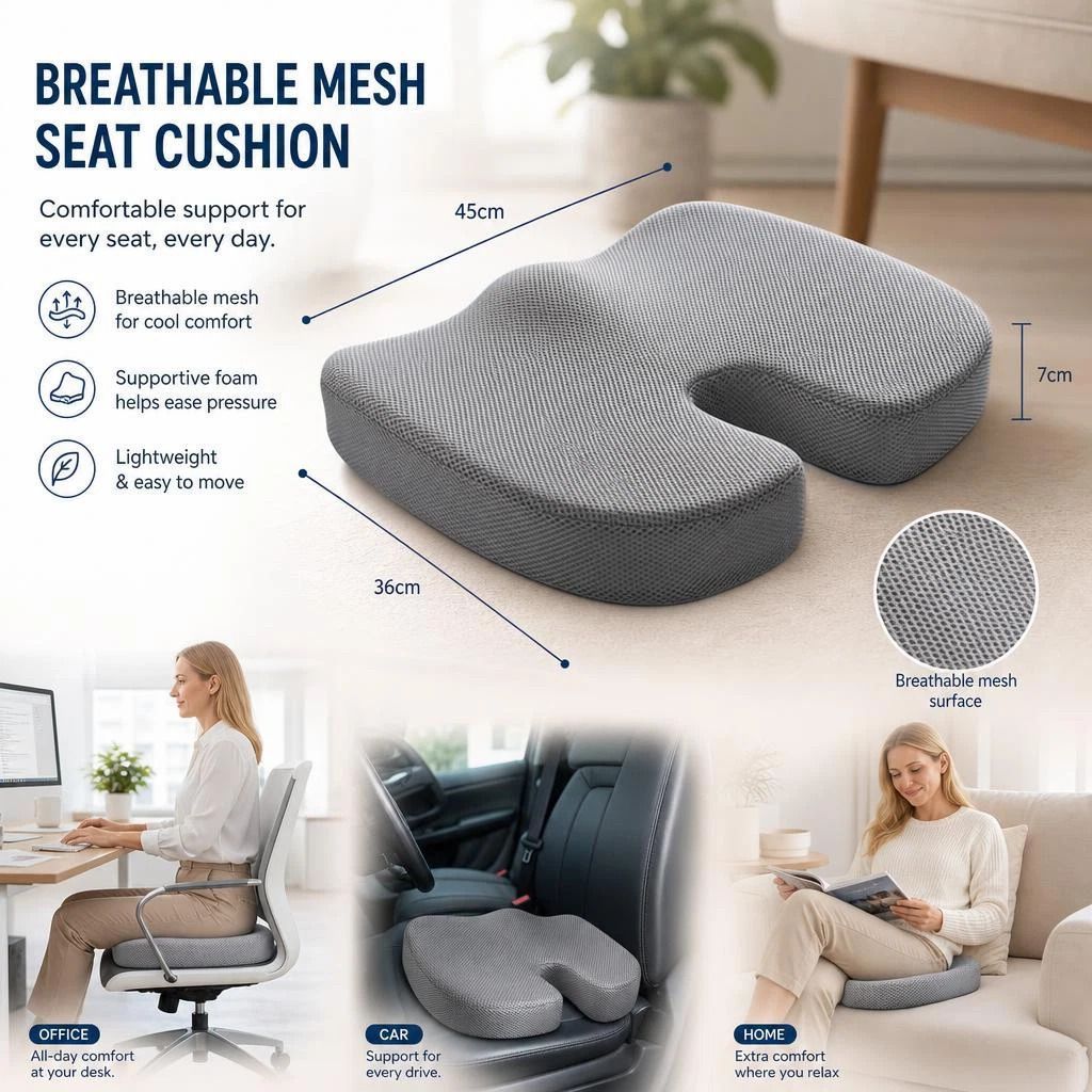 Cooling Gel Seat Pad 45x36x7, Breathable Mesh Grey, Ergonomic Car Office Accessory - Image 1
