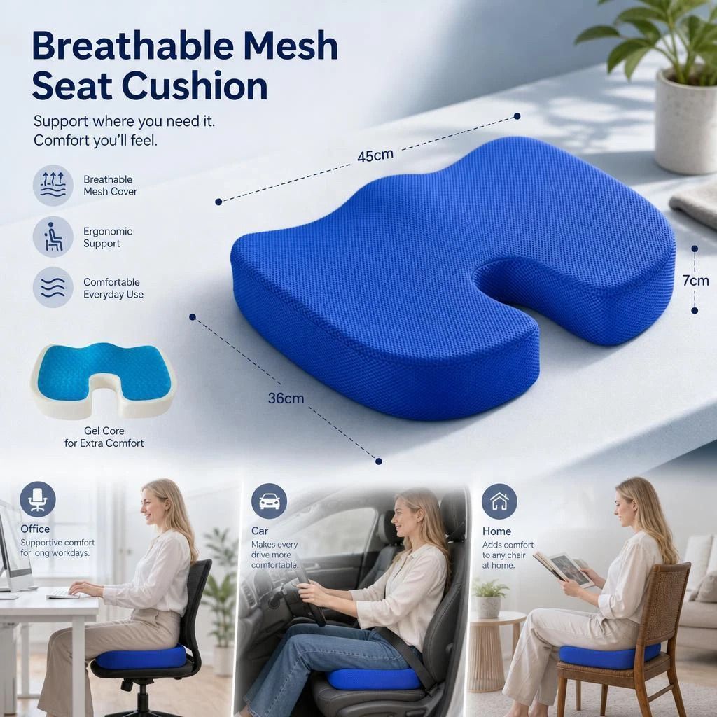 Gel Slow Rebound Cushion 45x36x7, Breathable Mesh Blue, Prevent Hip Soreness - Image 1