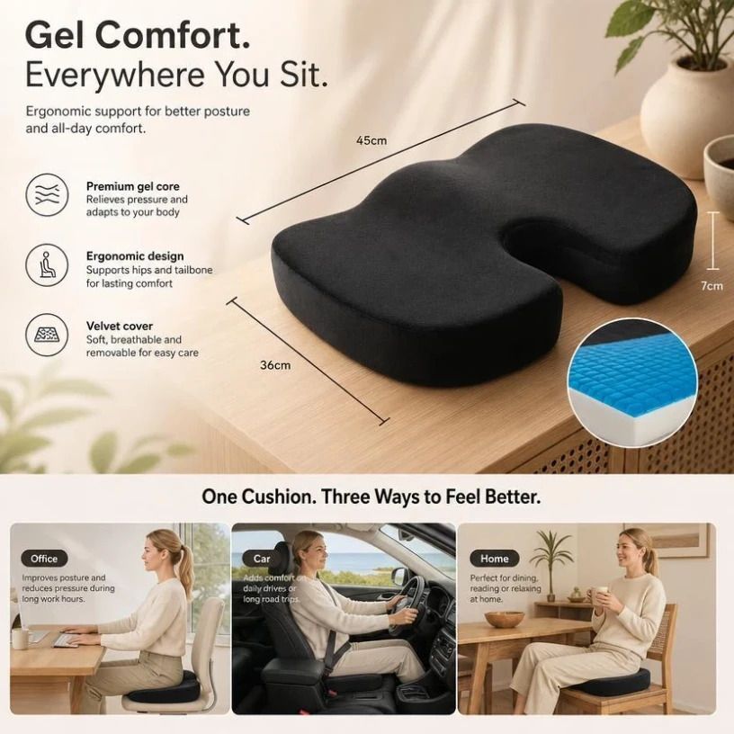 Gel Infused Hip Support Cushion 45x36x7, Crystal Velvet Black, Soft Cooling Surface - Image 1