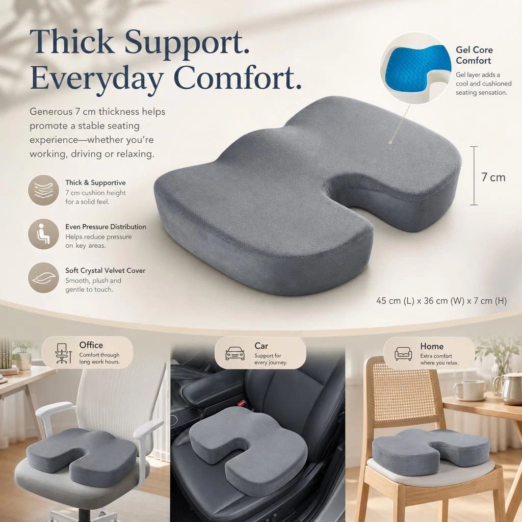 Cooling Gel Ergonomic Seat Pad 45x36x7, Crystal Velvet Grey, All Day Comfort - Image 1