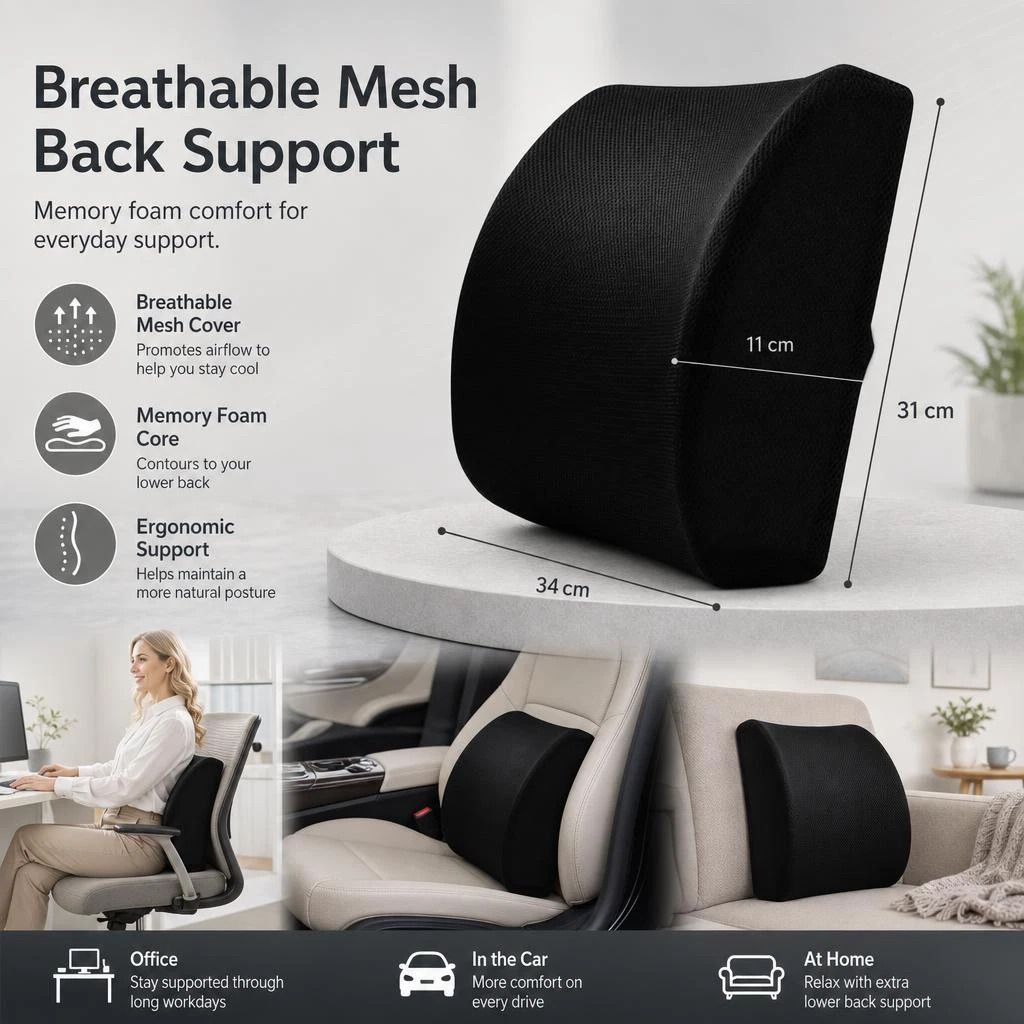 Memory Foam Lumbar Support Pillow 45x36x7, Breathable Mesh Black, Office Back Relief - Image 1