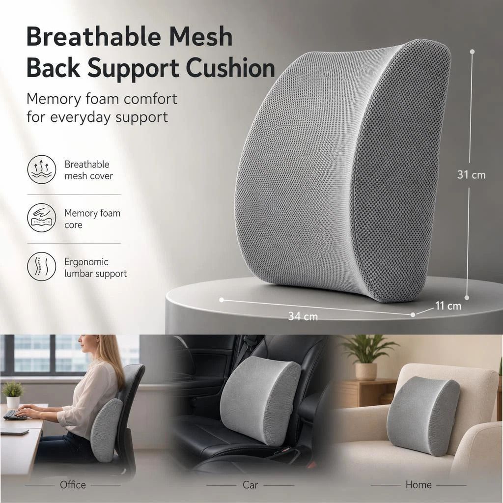Slow Rebound Waist Cushion 45x36x7, Breathable Mesh Grey, Support Car Lower Back - Image 1