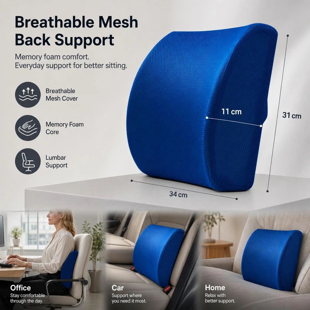 Ergonomic Lumbar Pad 45x36x7, Breathable Mesh Blue, Fix Sitting Posture - Image 1