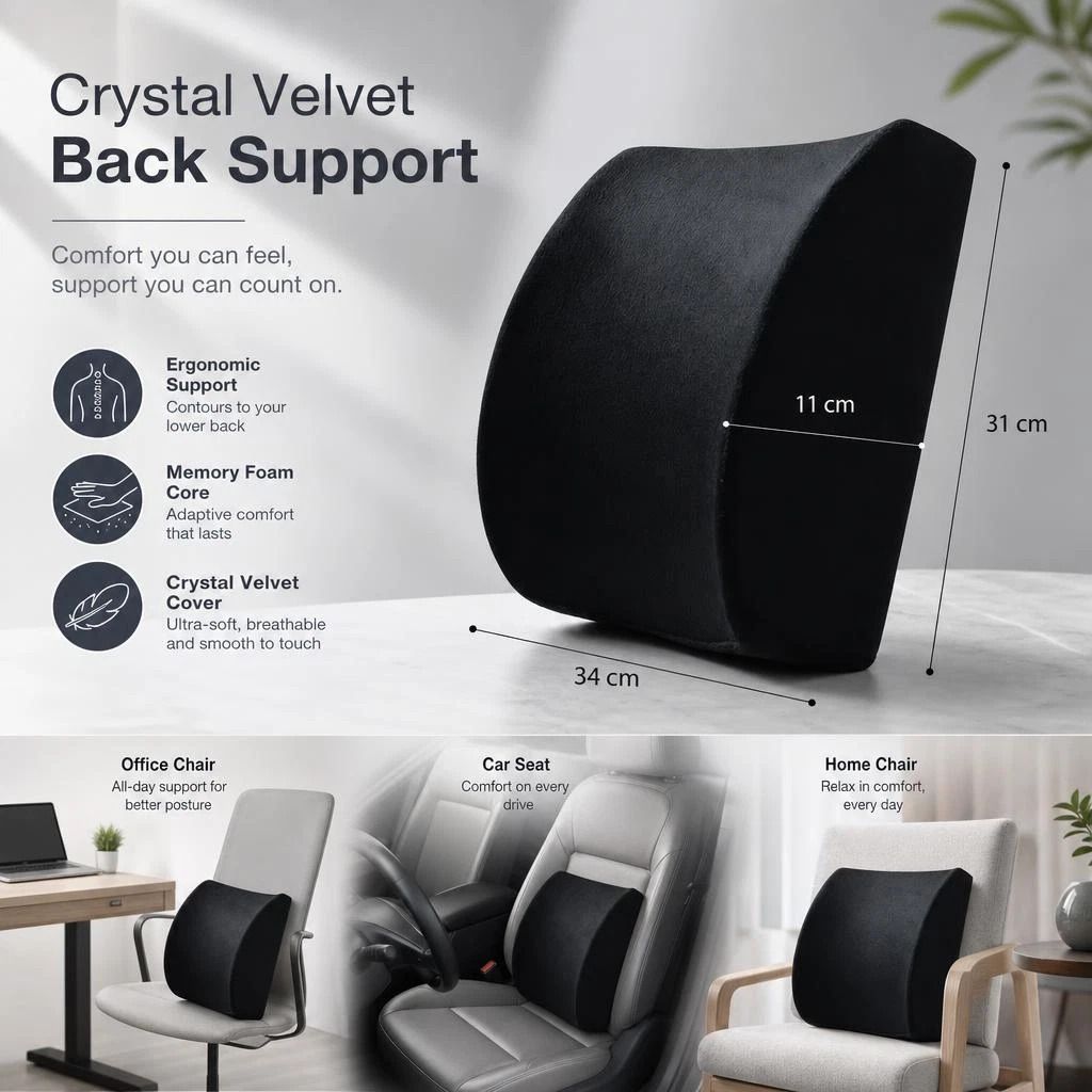 Soft Crystal Velvet Waist Support 45x36x7, Black Memory Foam, Gentle Back Cushion - Image 1