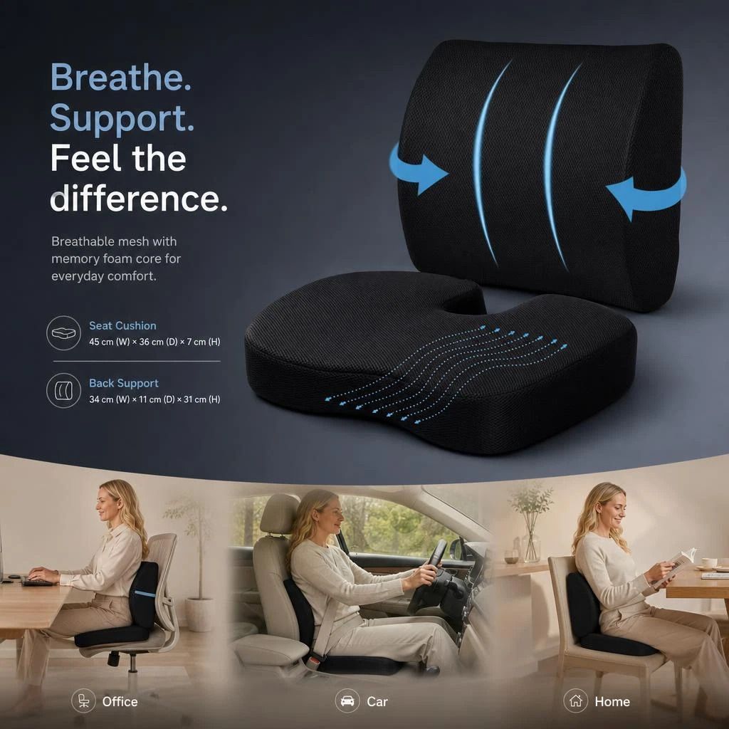 Mesh Black Seat & Lumbar Cushion Set 45x36x7, Full Body Sitting Support Gift - Image 1