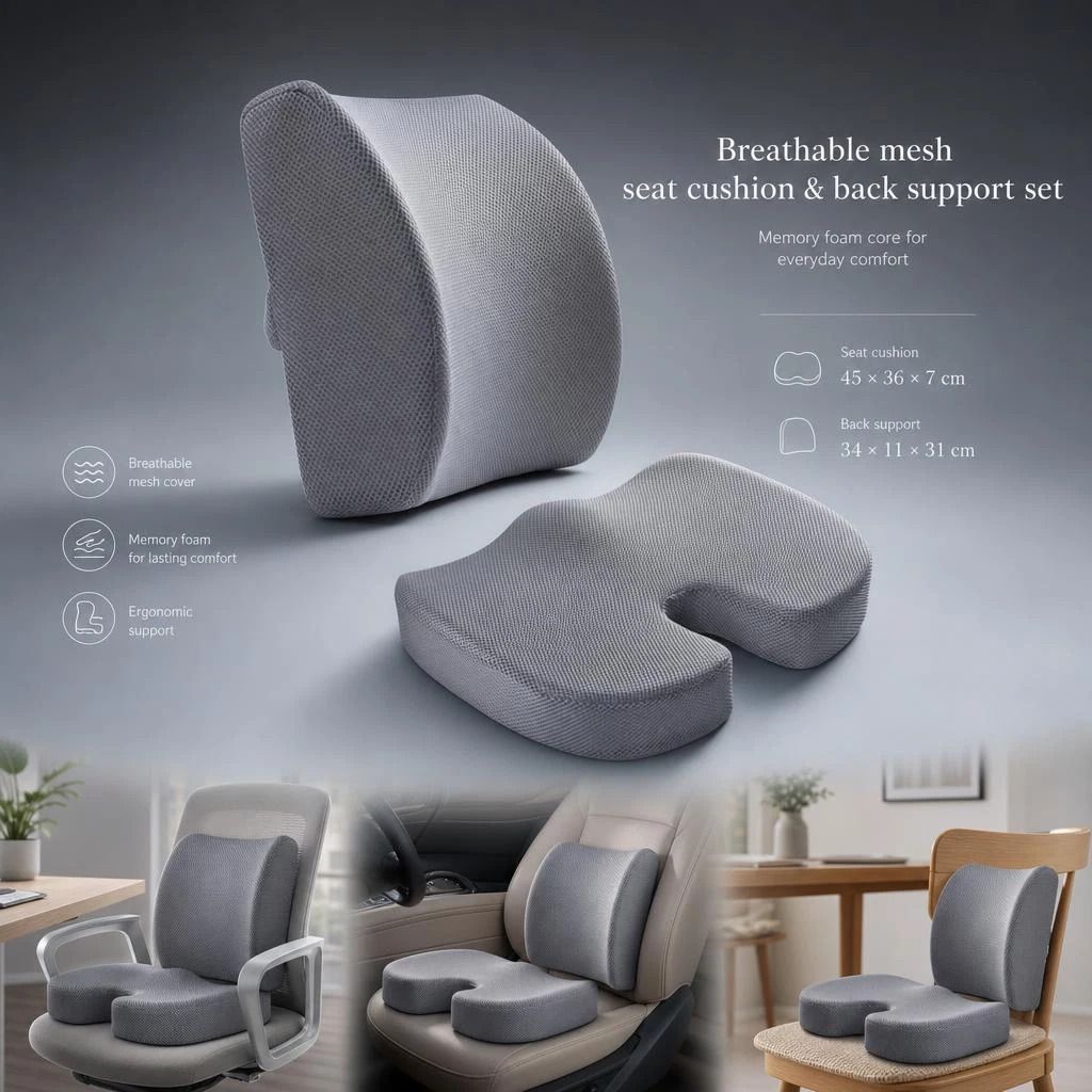 Mesh Grey Seat Waist Cushion Combo 45x36x7, Ergonomic Pack For Home & Vehicle - Image 1