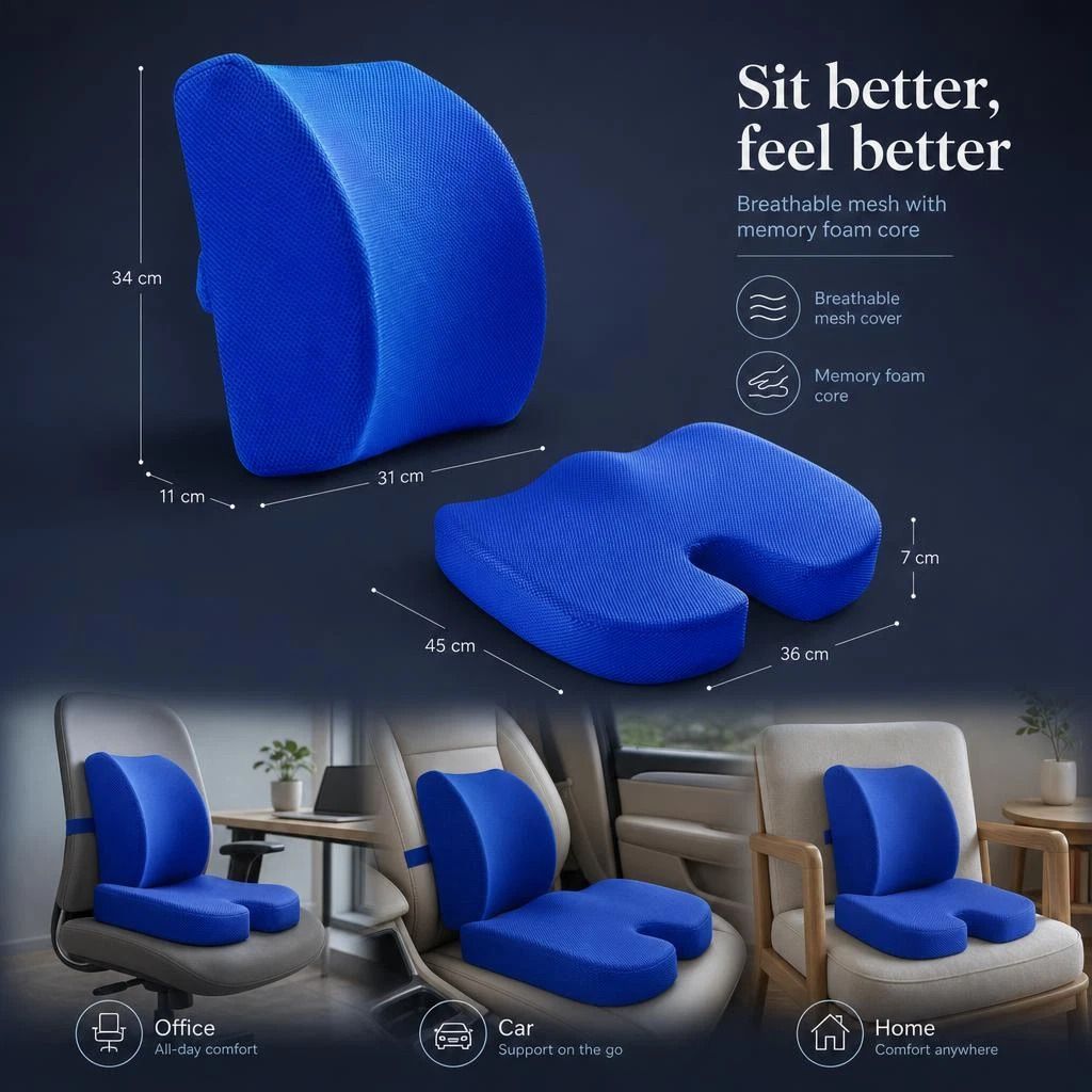 Mesh Blue Seat & Lumbar Support Set 45x36x7, Pressure Relief Complete Kit - Image 1