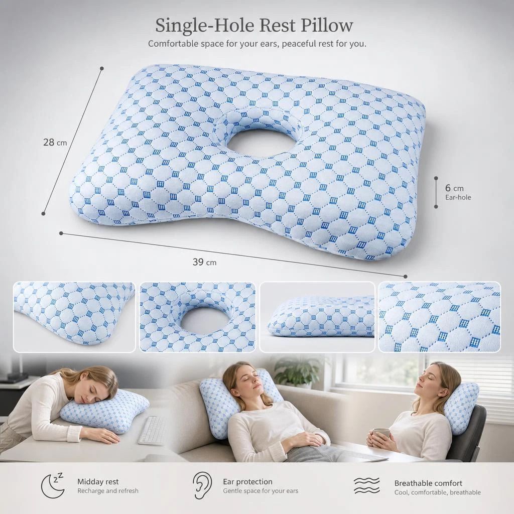 Single Hole Ear Protection Pillow 39x28x6, Ice Blue, Relieve Ear Pressure For Side Sleepers - Image 1