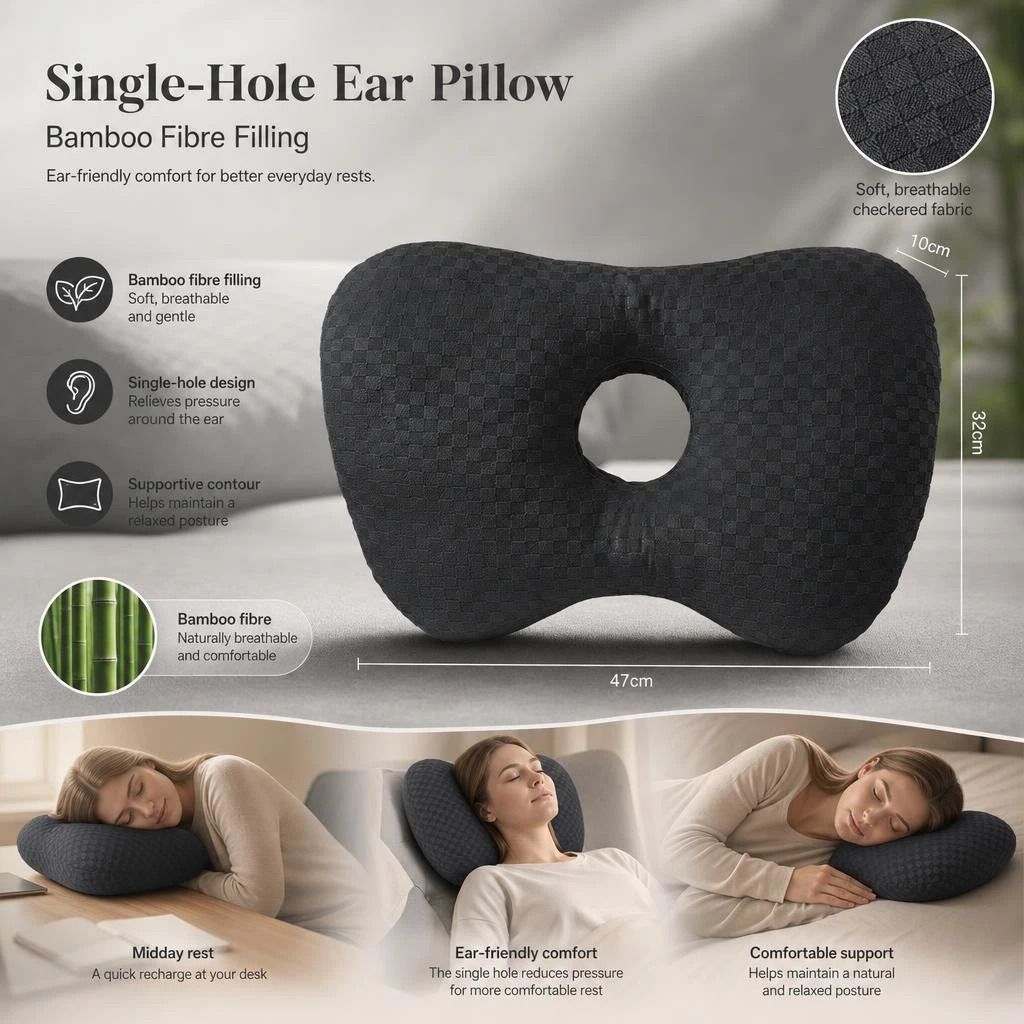Extra Large Single Hole Ear Pillow 47x32x10, Black, Extra Wide Space For Over-Ear Headphones - Image 1