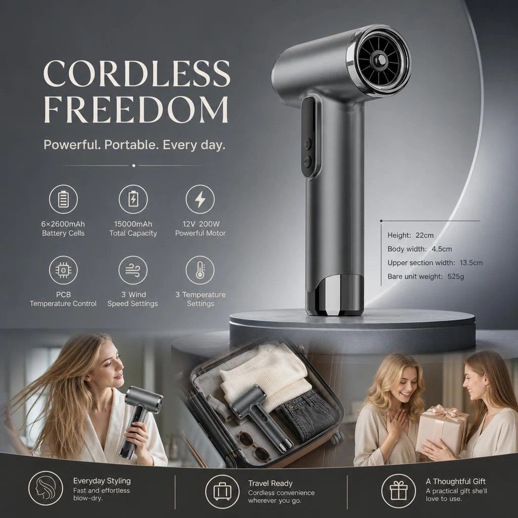 Cordless USB Charging Blow Dryer Grey, Low Noise Quick Dry Design, Portable Daily Hair Styling Present - Image 1