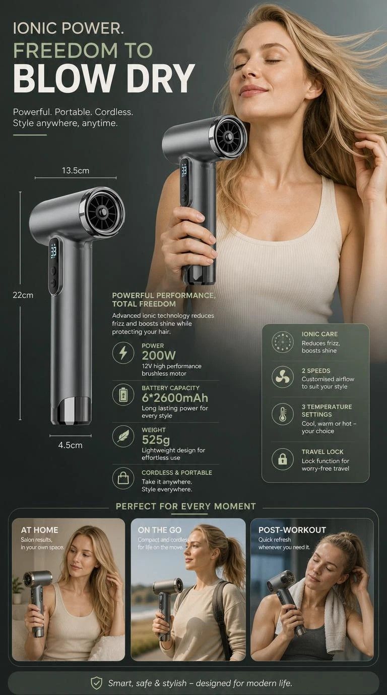 Cordless USB Charging Blow Dryer Grey, Low Noise Quick Dry Design, Portable Daily Hair Styling Present - Image 3