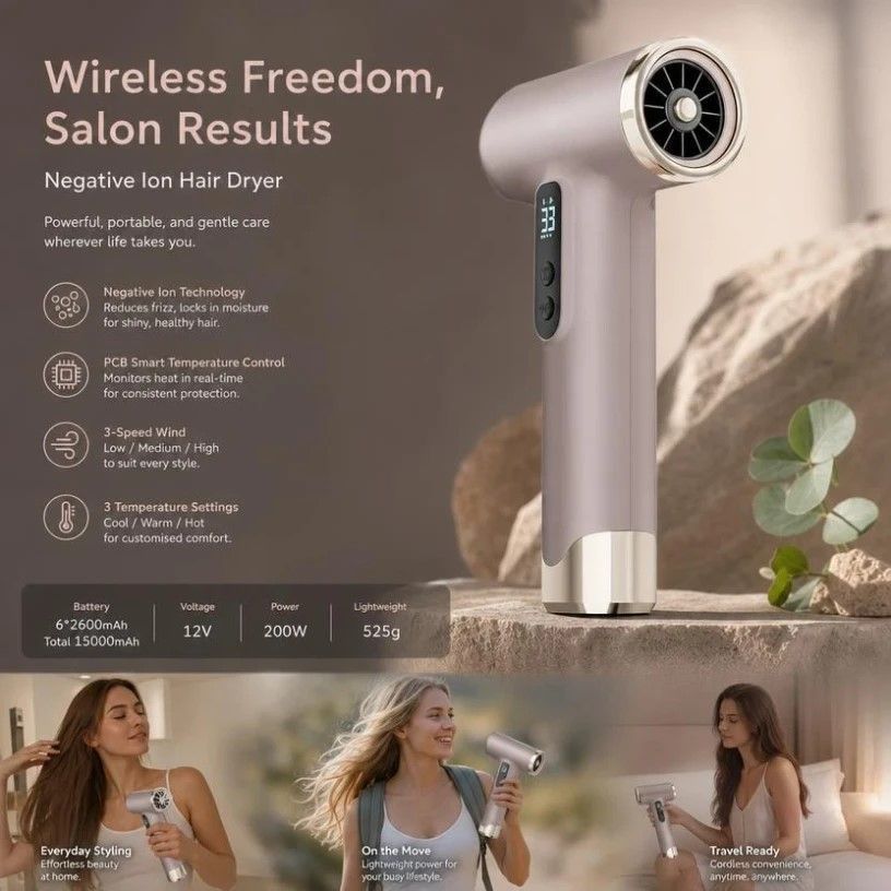 Portable Wireless Hair Dryer Pink, Negative Ion Damage Protection, Compact Travel Hair Care Gift - Image 1