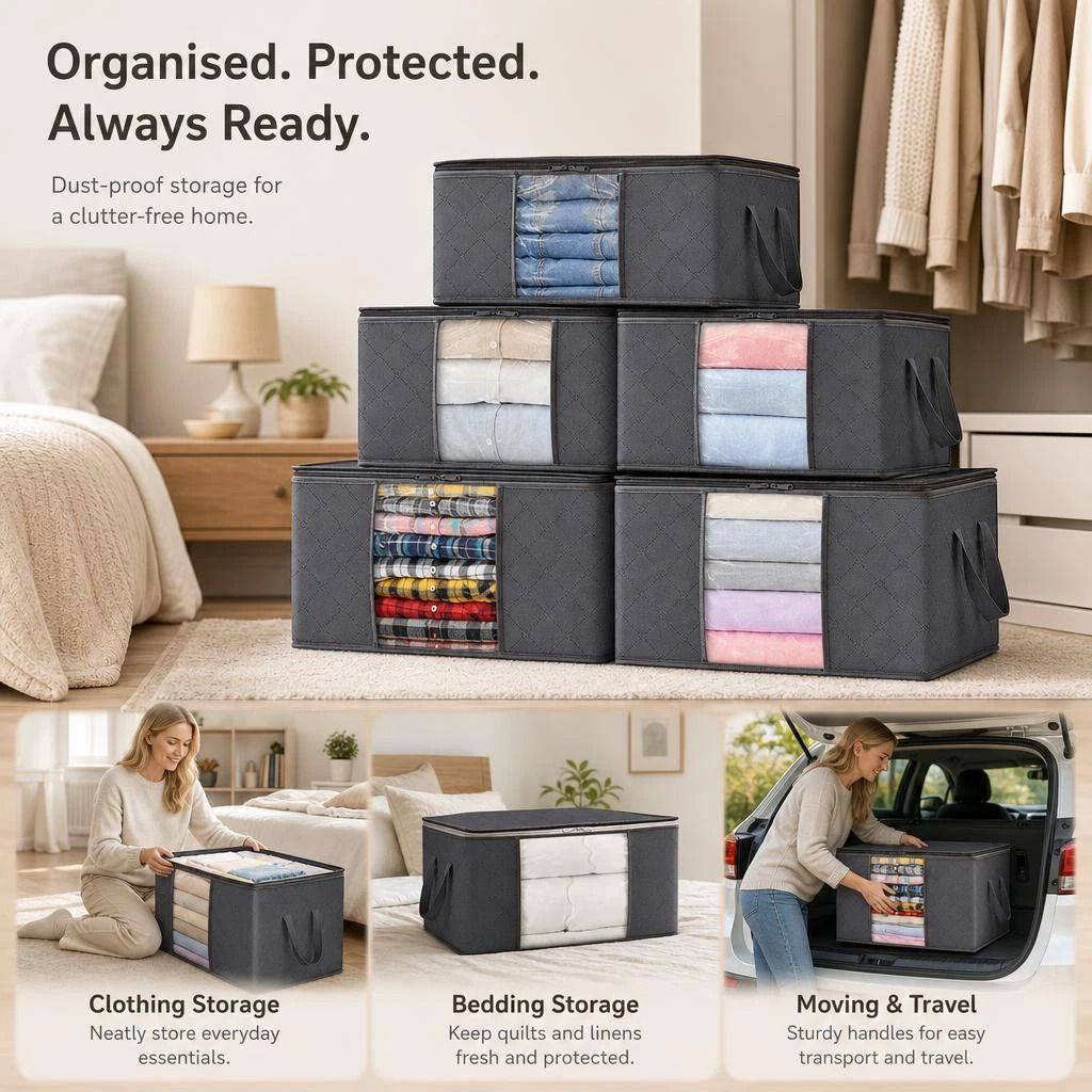 Quilt Storage Bag 85L 8 Pack Black Zipper, Dustproof Clothes Organizer For Moving House, Household Bedding Packing Bag - Image 1