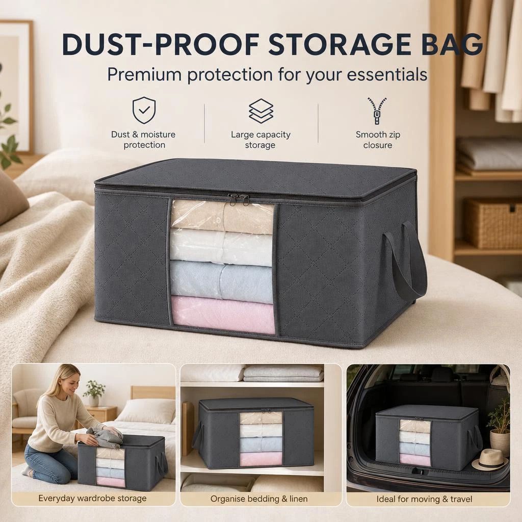 Small 35L Clothes Storage Bag Grey, Brown Edge White Zipper, Space Saving Wardrobe Organizer For Garments - Image 1