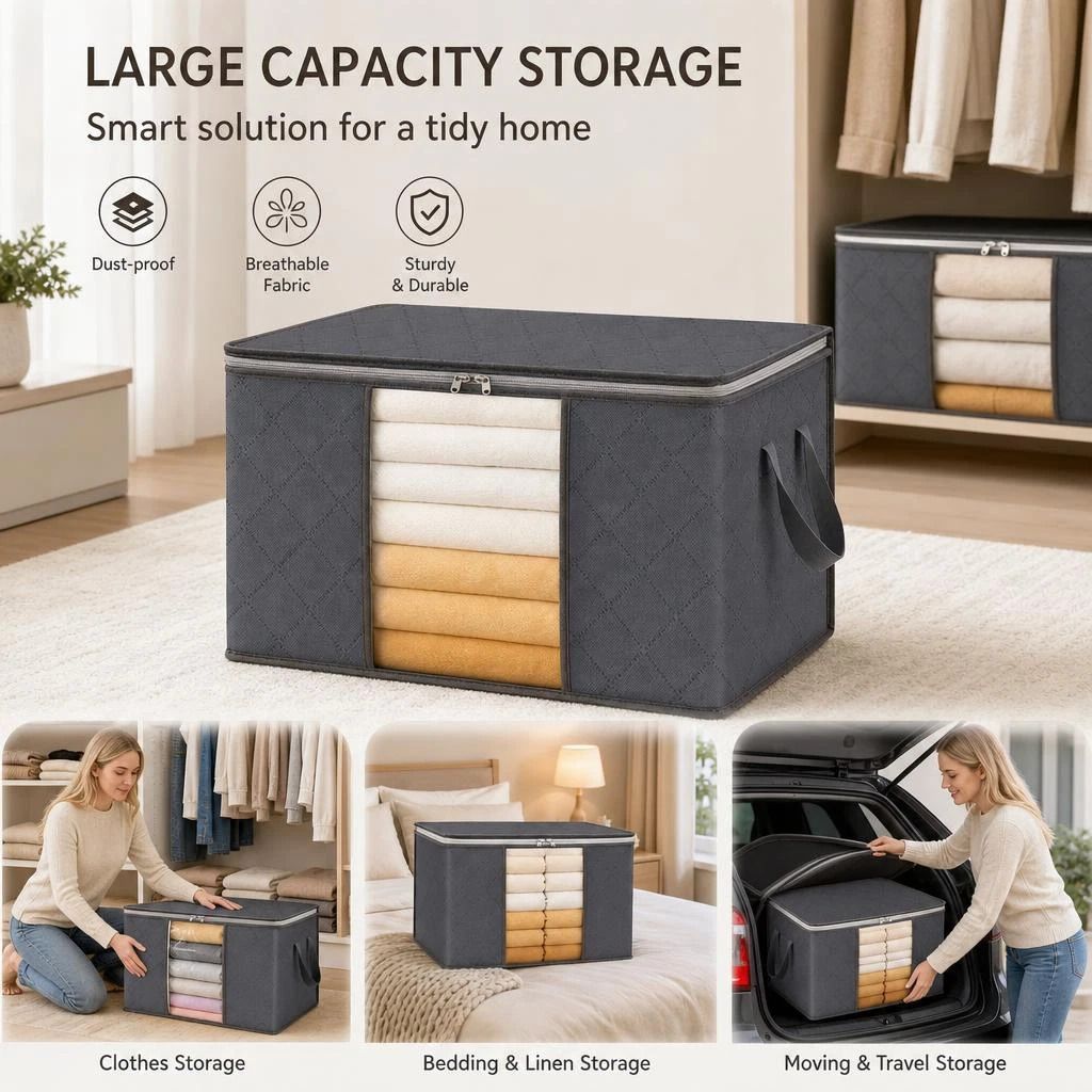Medium 60L Quilt Organizer Grey, Brown Edge White Zipper, Portable Dust Cover For Seasonal Bedding - Image 1