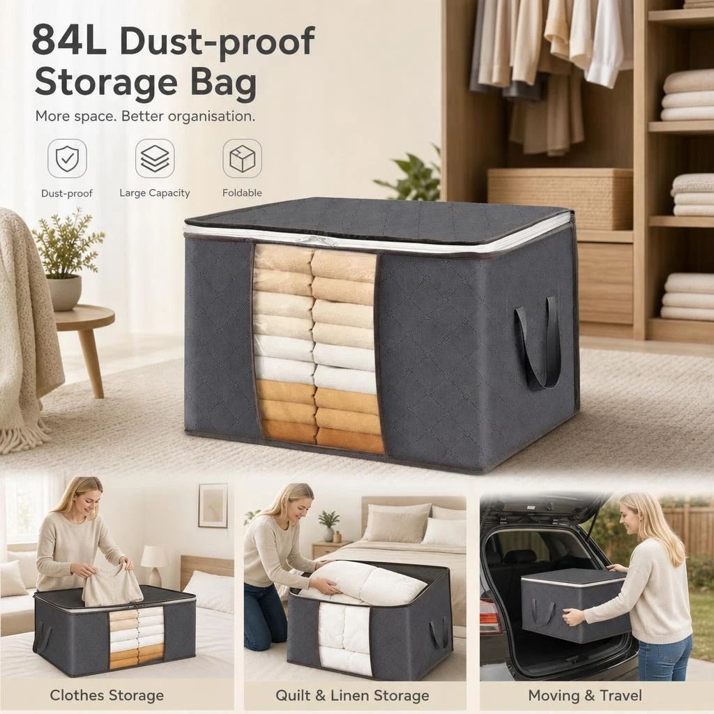 Large 84L Clothing Pack Bag Grey, Brown Edge White Zipper, Spacious Storage For Blankets & Pillows - Image 1