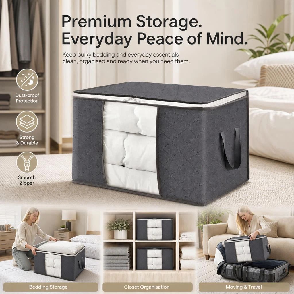 Extra Large 90L Moving Storage Bag Grey, Brown Edge White Zipper, Big Capacity For Thick Winter Quilts - Image 1