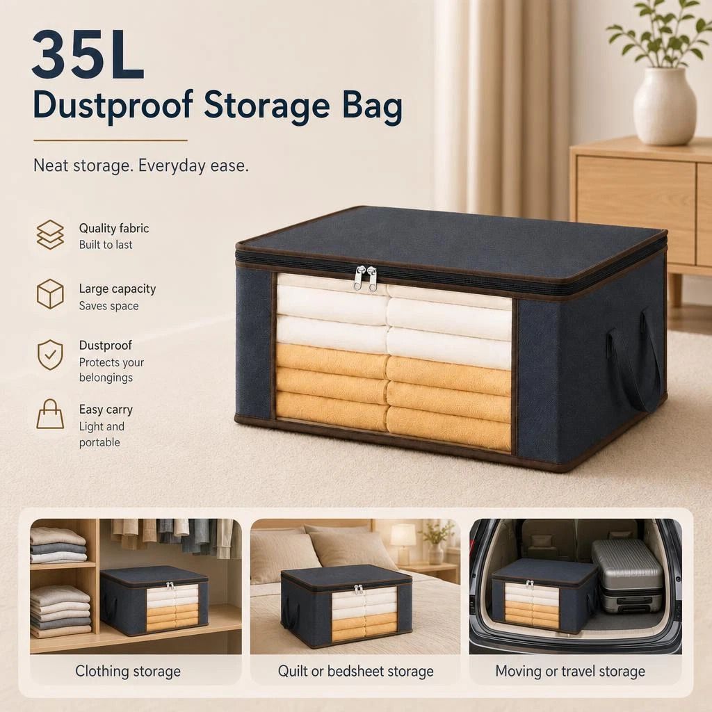 Small 35L Dustproof Garment Bag Grey, Brown Edge Black Zipper, Sturdy Closet Sorting Pouch - Image 1