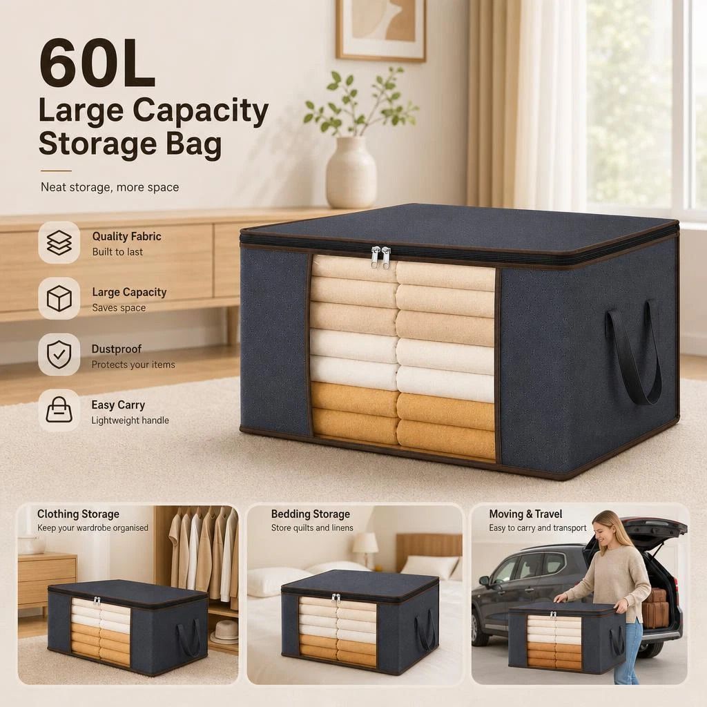 Medium 60L Bedding Storage Bag Grey, Brown Edge Black Zipper, Reusable Home Organizer For Clothes - Image 1