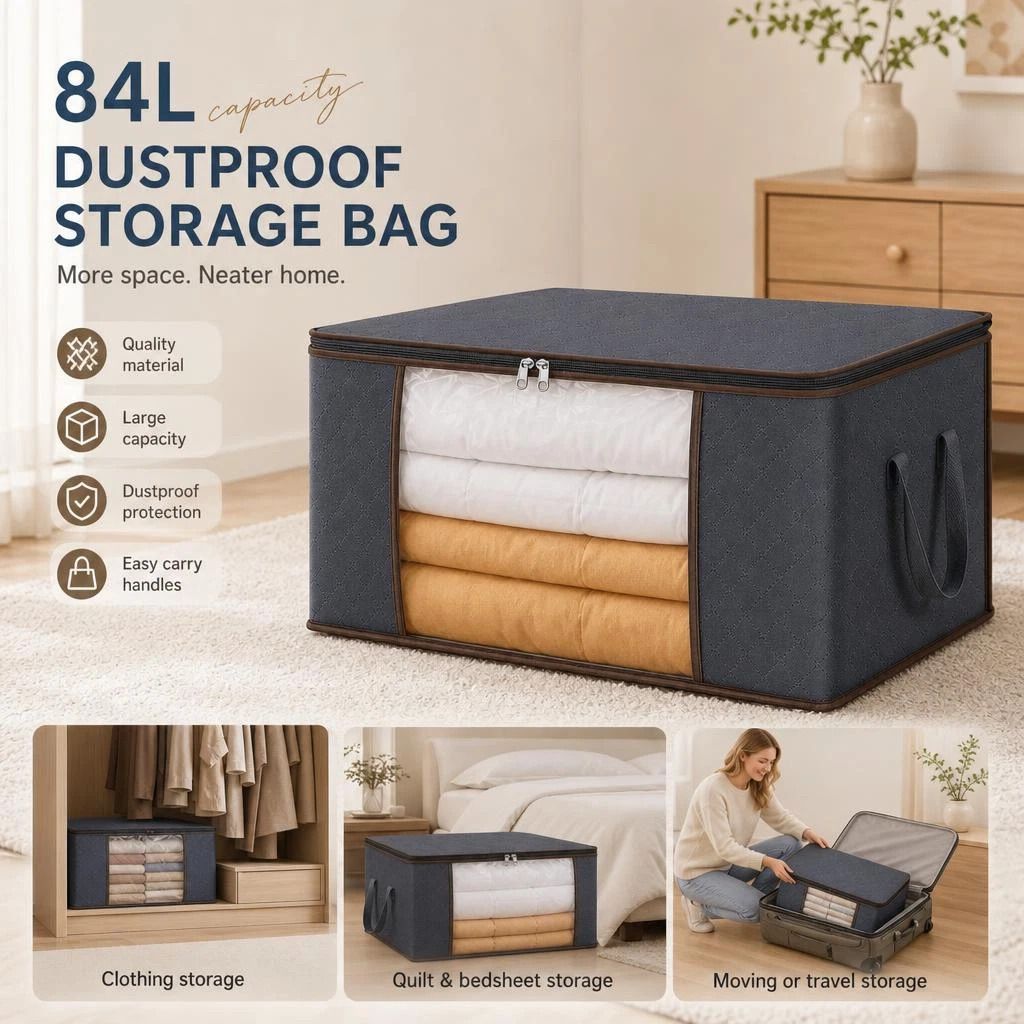 Large 84L Quilt Packing Bag Grey, Brown Edge Black Zipper, Tear Resistant Moving Helper Bag - Image 1