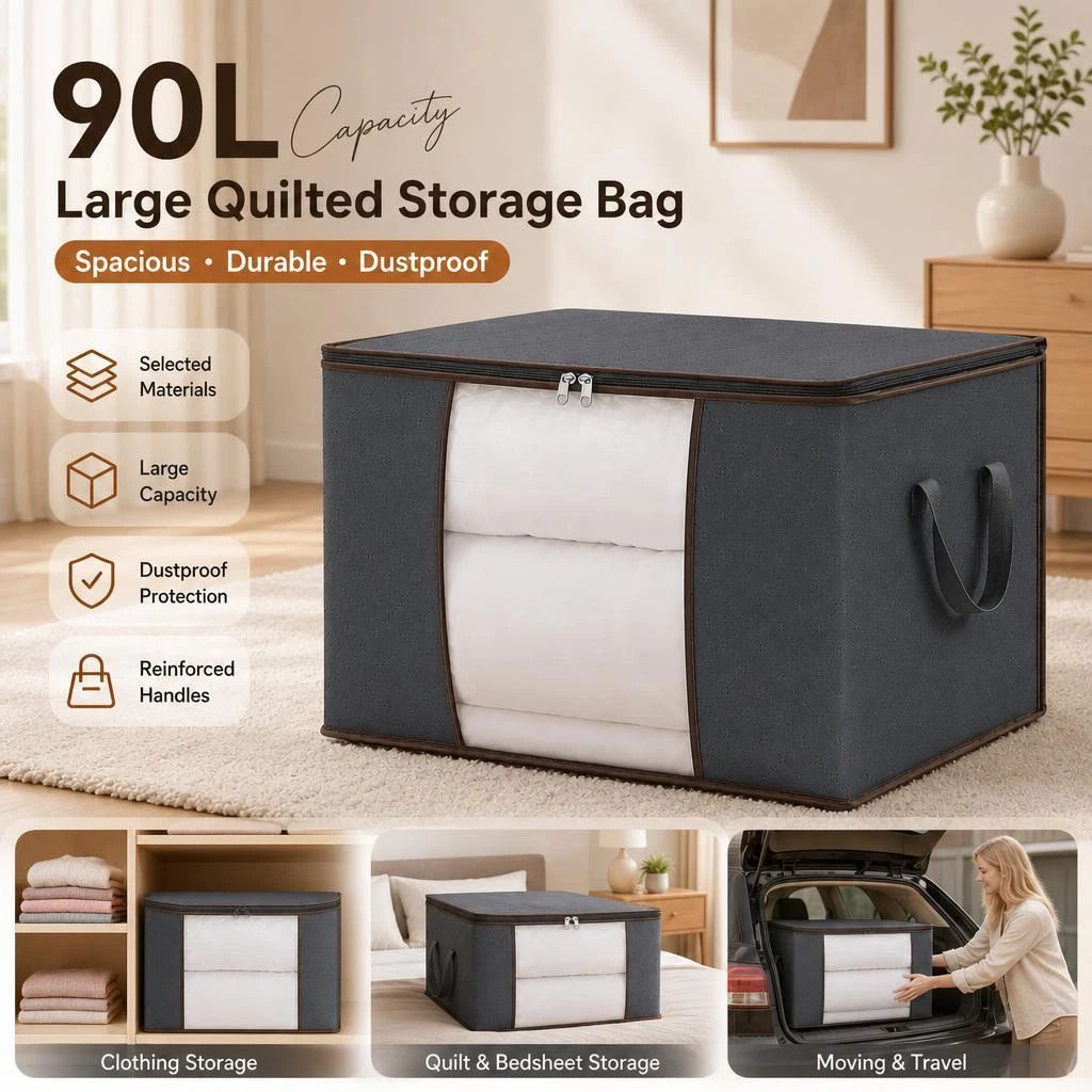 Extra Large 90L Clothing Storage Bag Grey, Brown Edge Black Zipper, Store Bulky Winter Wardrobe - Image 1