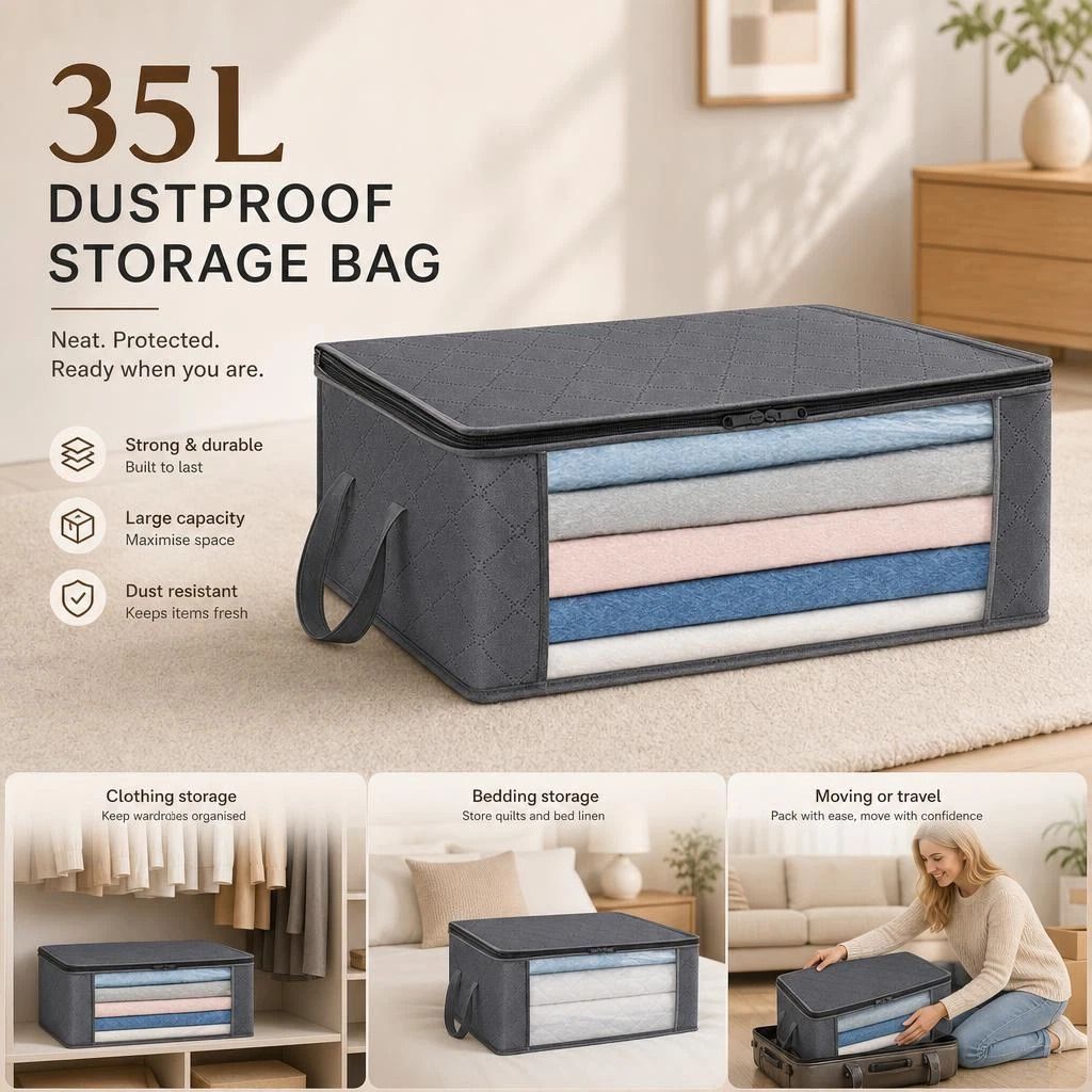 Small 35L Closet Organizer Bag Grey, Black Edge Black Zipper, Simple Minimalist Household Storage - Image 1