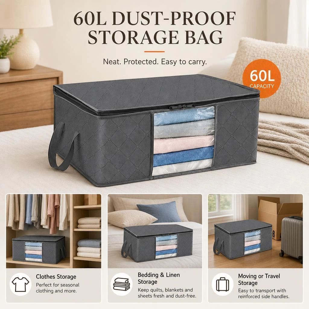 Medium 60L Dust Cover Bag Grey, Black Edge Black Zipper, Neat Sorting For Daily Outfits - Image 1
