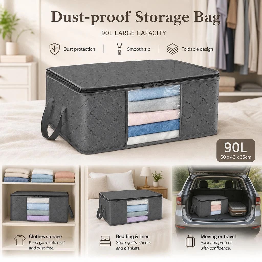 Extra Large 90L Quilt Storage Pouch Grey, Black Edge Black Zipper, Durable Thick Fabric Organizer - Image 1