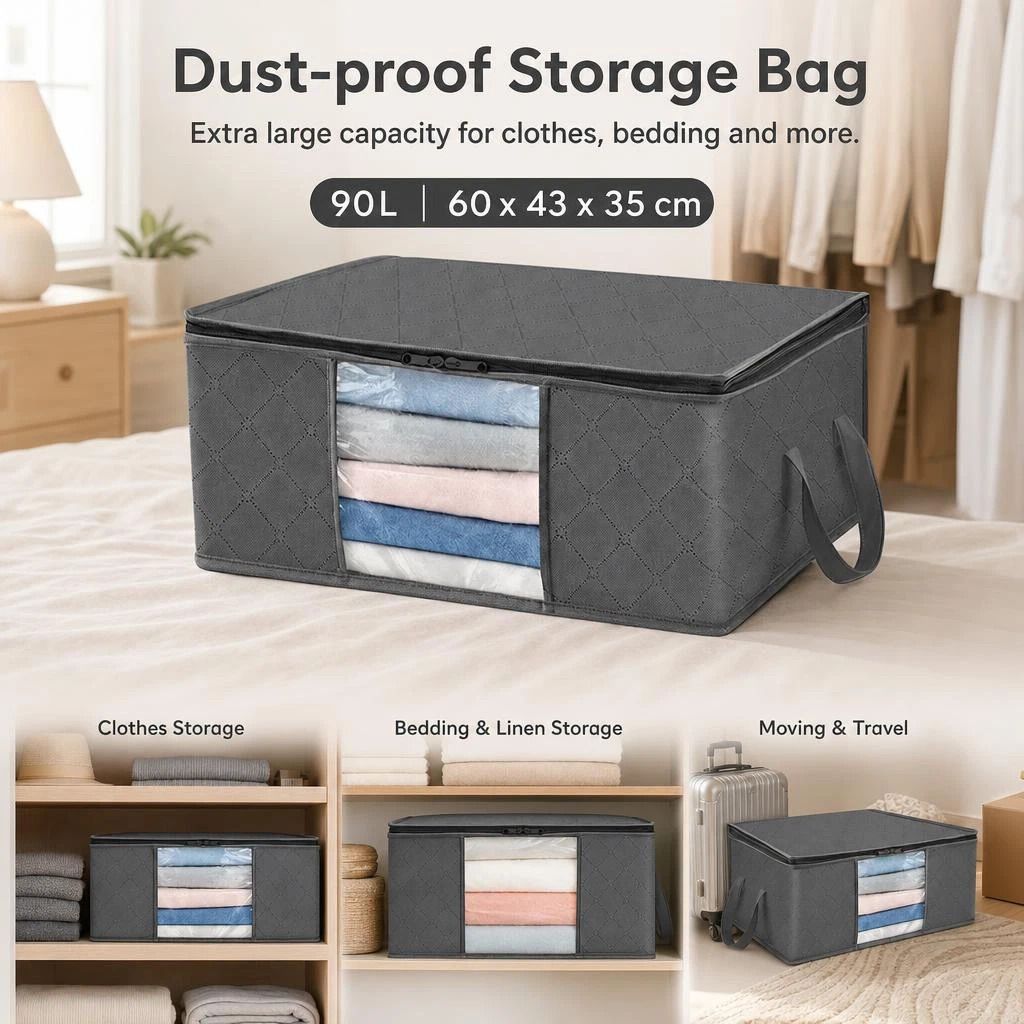 3 Pack 35L Clothes Storage Bags Black Zipper, Compact Small Volume Wardrobe Sorting Set - Image 1