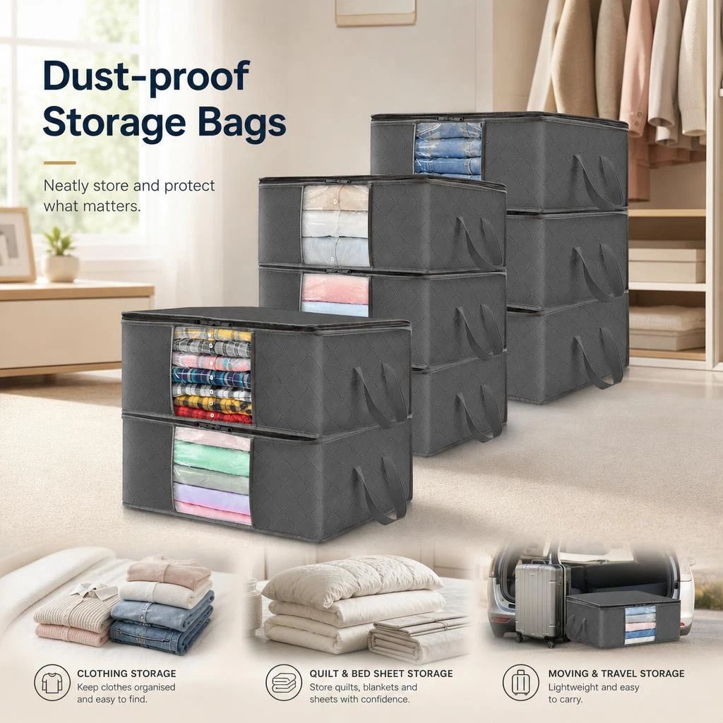 8 Pack 35L Household Storage Bags Black Zipper, Complete Set For Whole Wardrobe Tidying - Image 1