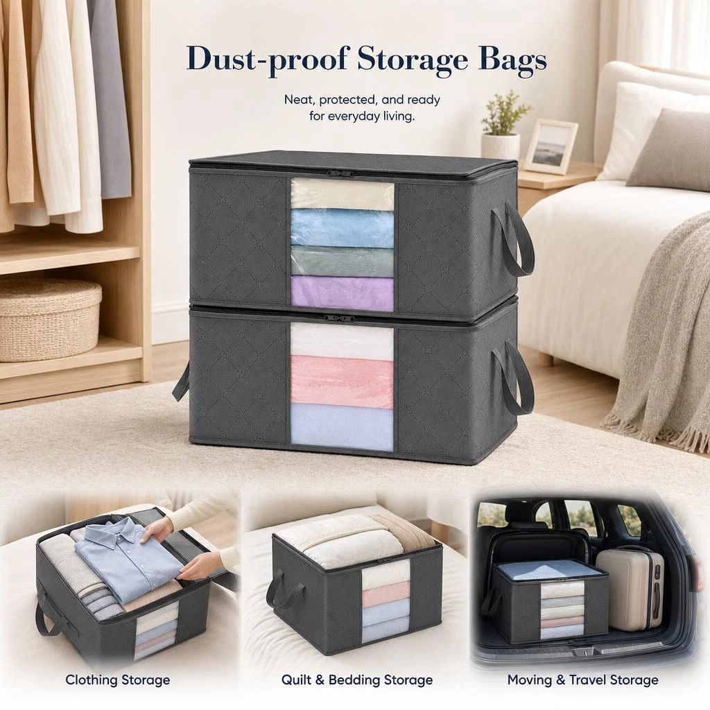 3 Pack 60L Medium Bedding Storage Bags Black Zipper, Ideal For Seasonal Quilt Storage - Image 1