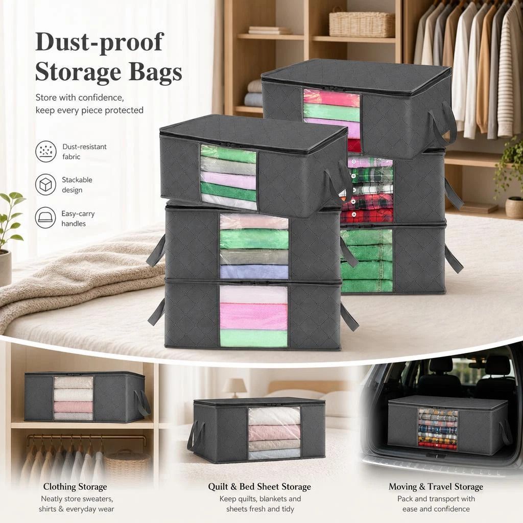 6 Pack 60L Dustproof Quilt Storage Pouches Black Zipper, Large Multi-Bag Family Storage Kit - Image 1