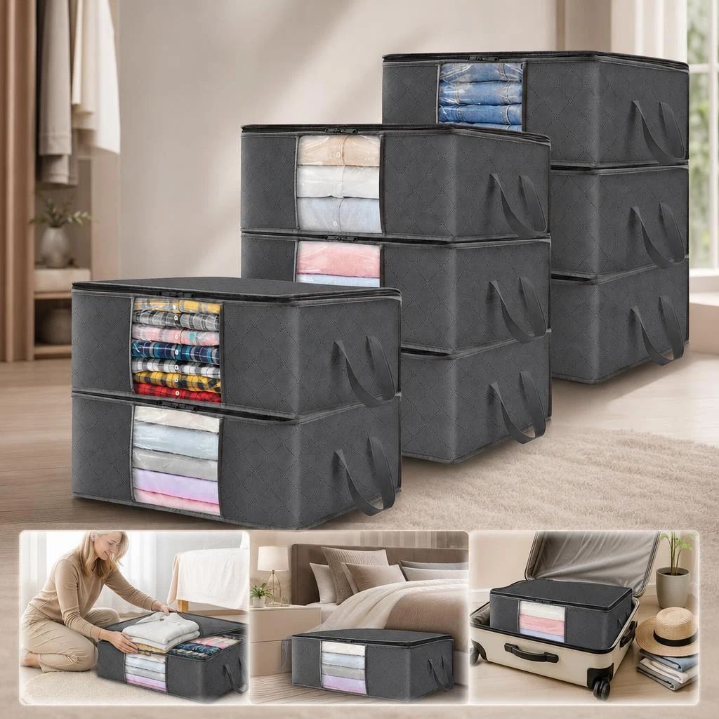 8 Pack 60L Clothing Packing Bags Black Zipper, Full Set For Large Family Wardrobe Sorting - Image 1