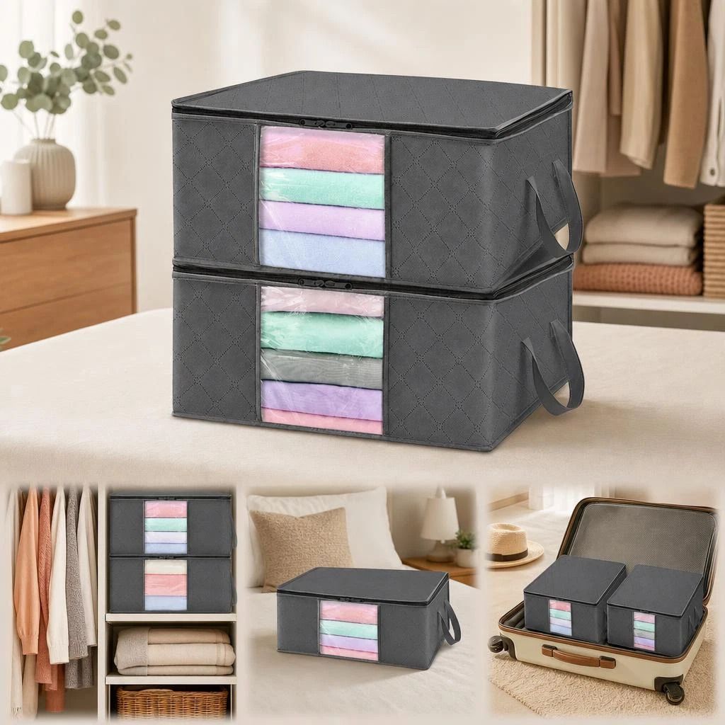 3 Pack 90L Extra Large Quilt Storage Bags Black Zipper, Hold Thick Heavy Winter Blankets - Image 1