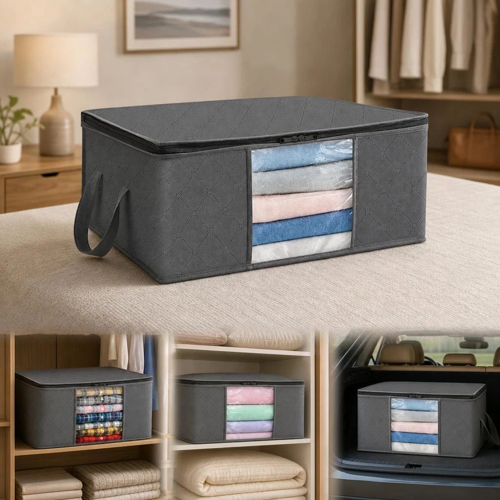 Large 84L Grey Clothing Storage Bag, Black Edge Black Zipper, Medium-Large Size For Quilts & Coats - Image 1