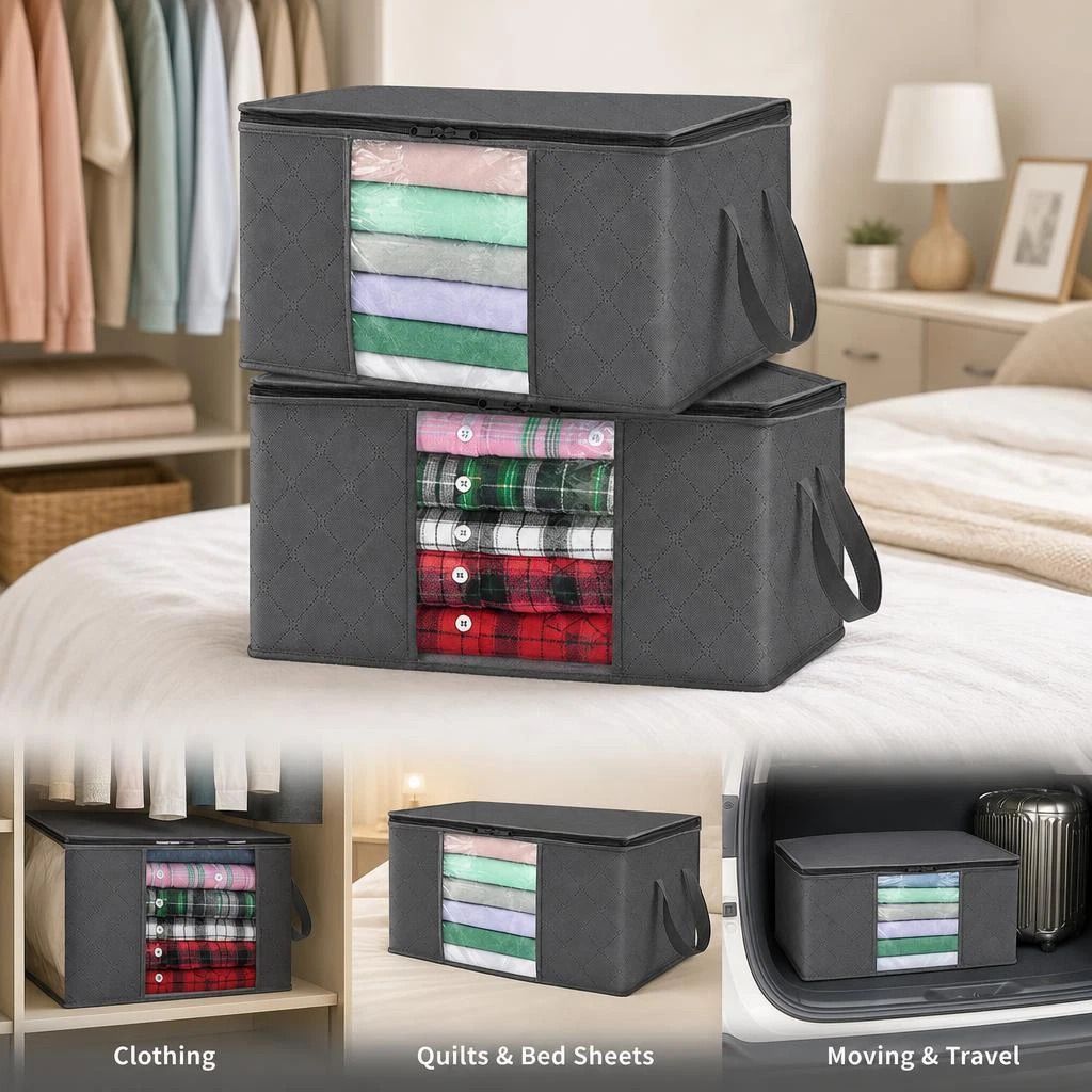 6 Pack 84L Large Bedding Storage Bags Black Zipper, Multi-Pack For Thick Coat & Quilt Sorting - Image 1