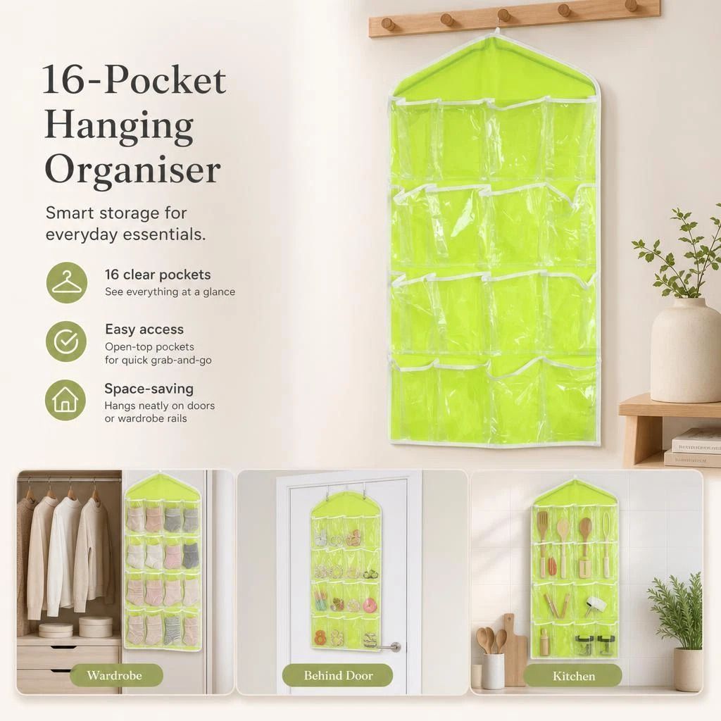 16-Grid Clear Hanging Storage Bag, Visible Socks Underwear Organizer, Green, Closet Door Hanging Accessory - Image 1