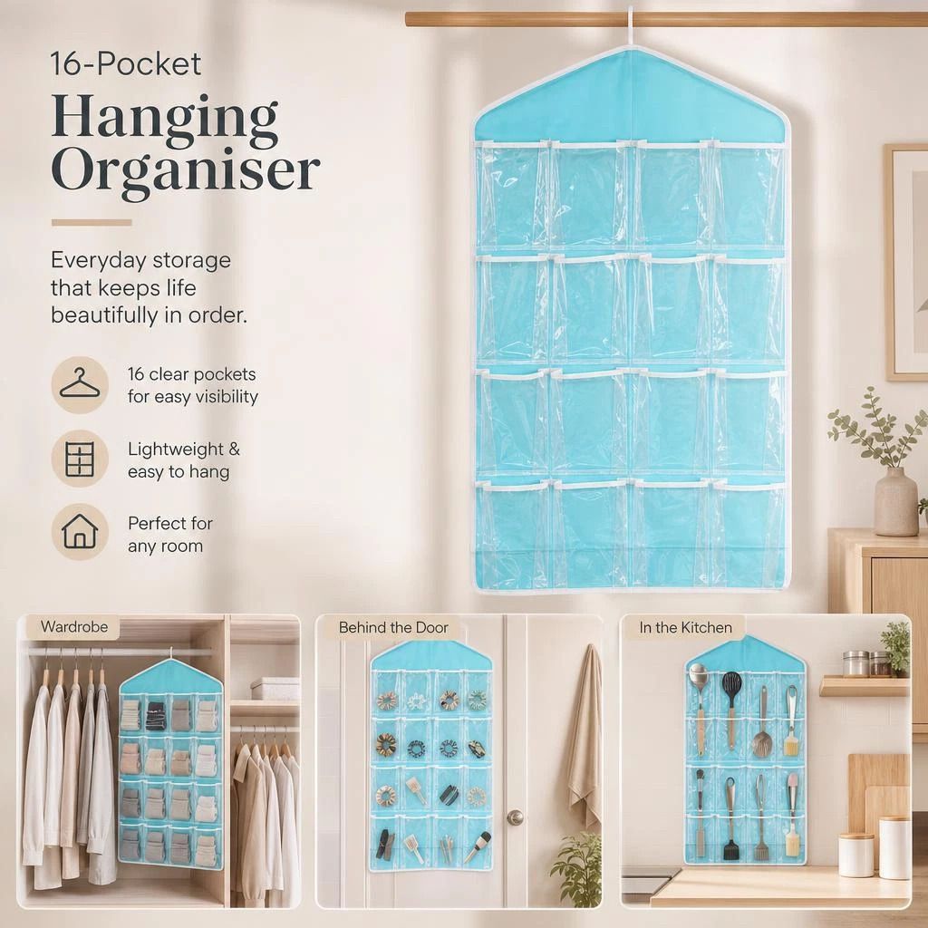 Clear View 16 Compartment Hanging Organizer, Underwear Sock Storage Pouch, Blue, Space Saving Wardrobe Decor - Image 1