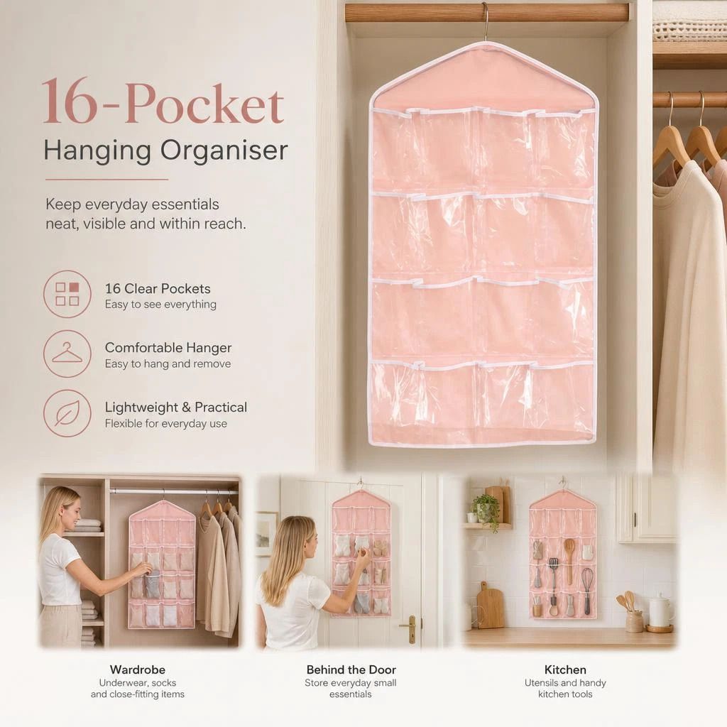 Transparent 16 Slot Door Hanging Storage Bag, Sort Lingerie Socks Easily, Pink, Cute Household Gift - Image 1