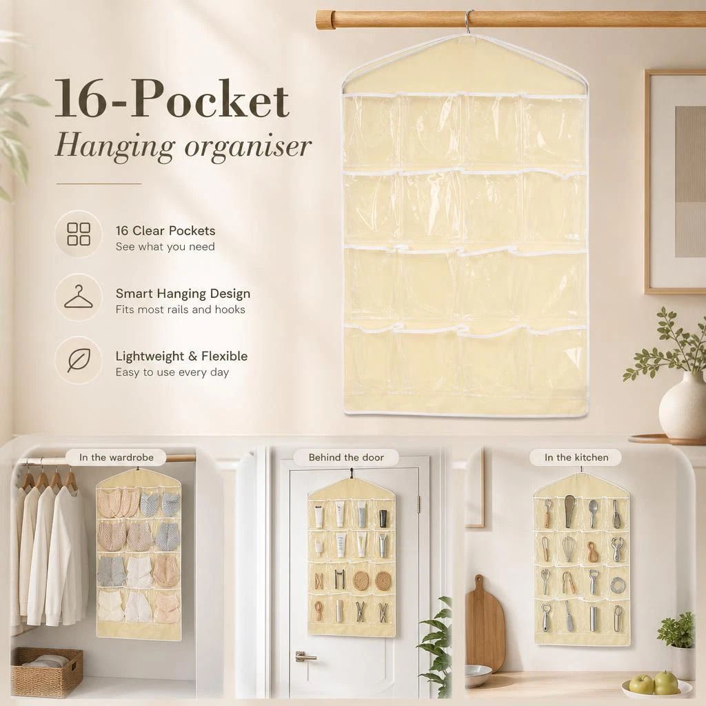 16-Grid Visible Hanging Lingerie Organizer, Wall Door Mount Storage Bag, Beige, Neutral Minimalist Style - Image 1