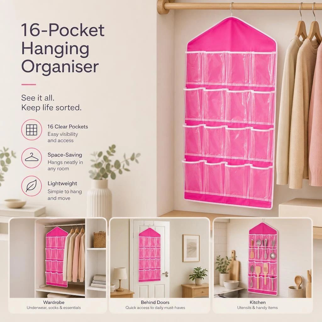 Clear 16 Compartment Hanging Sock Pouch, Underwear Sorting Storage Bag, Rose Red, Bright Bedroom Organizer - Image 1