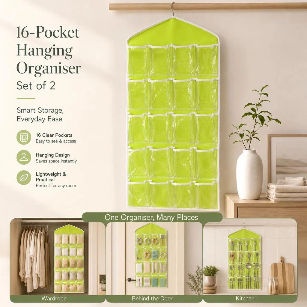 2 Pack 16-Grid Clear Hanging Storage Bags, Visible Socks Underwear Organizer, Green, Family Wardrobe Set - Image 1