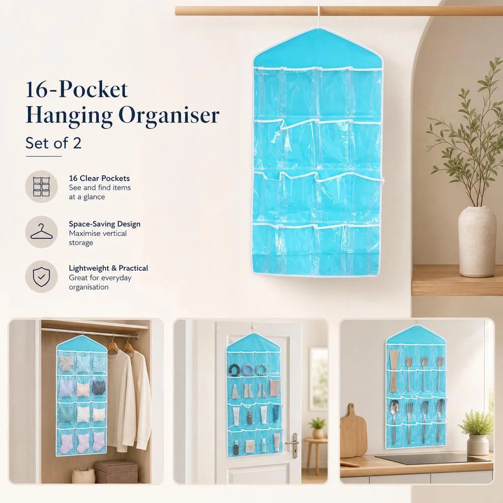 2 Pack Transparent 16 Slot Door Hanging Organizers, Clear View Lingerie Storage, Blue, Multi-Pack Storage Kit - Image 1