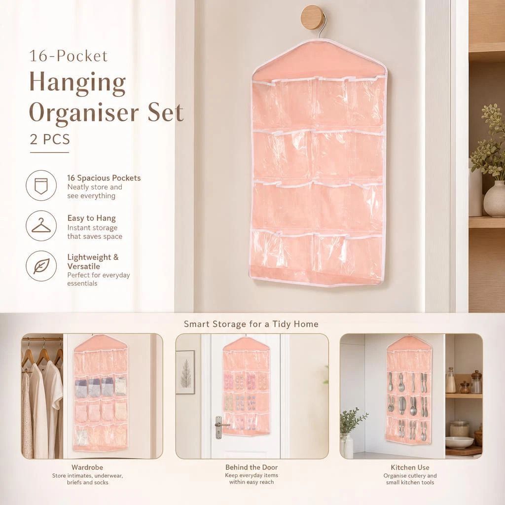 2 Pack Clear View 16 Compartment Hanging Pouches, Sock Underwear Sorting Bag, Pink, Practical Housewarming Gift - Image 1