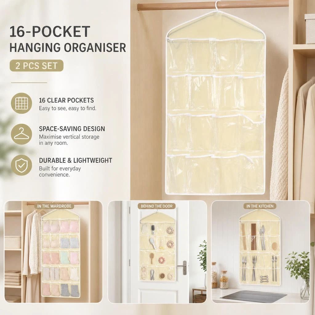 2 Pack 16-Grid Visible Wall Hanging Storage Bags, Lingerie Sock Organizer, Beige, Matching Closet Combo - Image 1