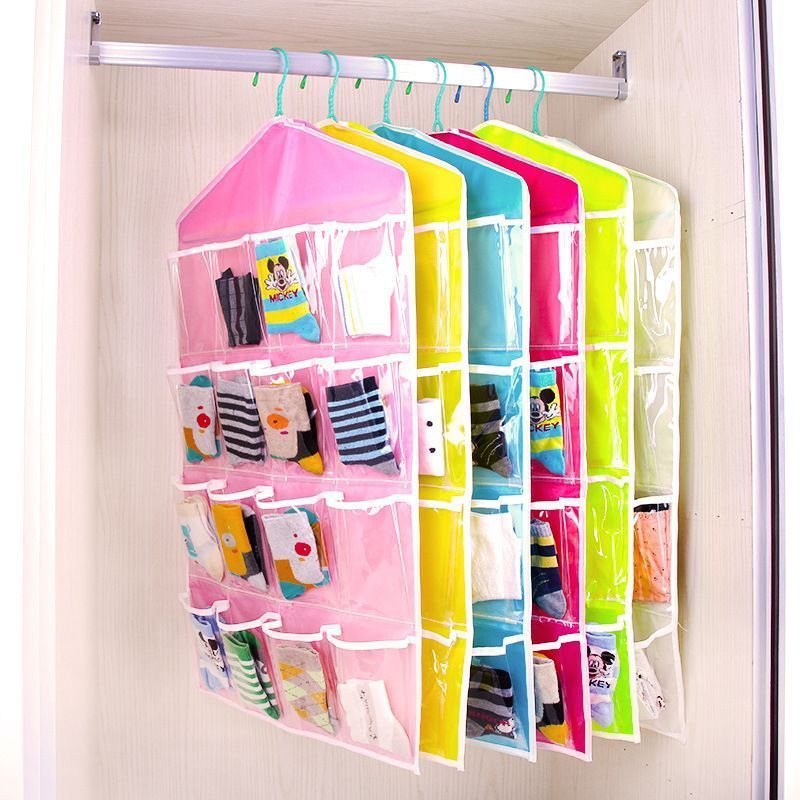 2 Pack 16-Grid Visible Wall Hanging Storage Bags, Lingerie Sock Organizer, Beige, Matching Closet Combo - Image 4