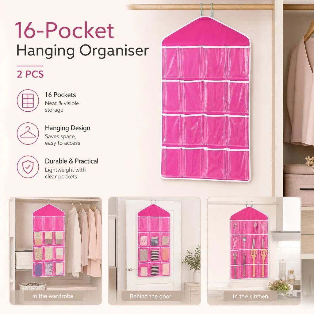 2 Pack Transparent Door Hanging Storage Organizers, 16 Slots For Socks Underwear, Rose Red, Double Pack Storage Set - Image 1