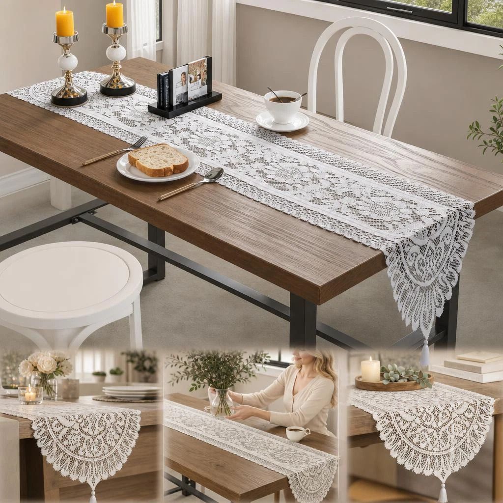 Lace Tassel Table Runner 33x91cm, White, Elegant Dining Table Decor For Daily Home - Image 1