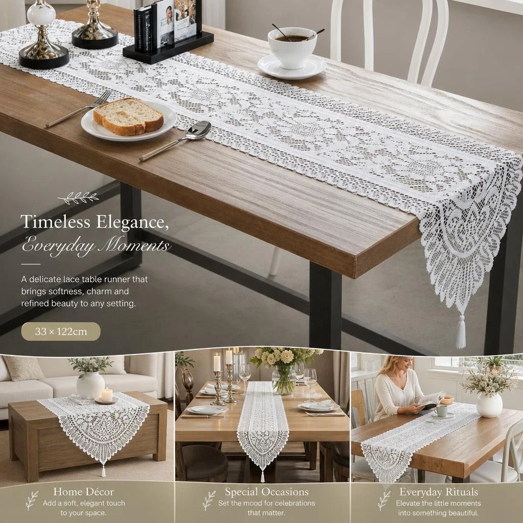 Fringe Lace Table Runner 33x122cm, White, Soft Table Dresser For Long Dining Desk - Image 1