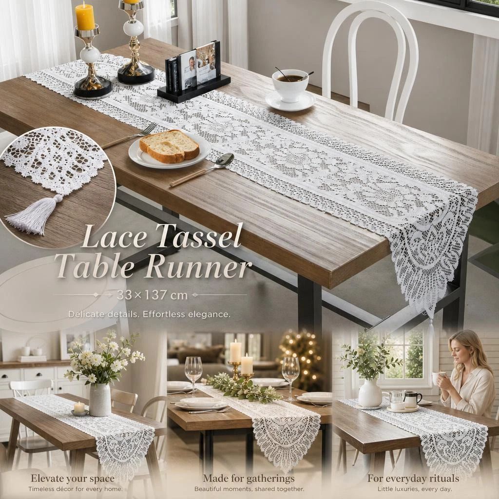 Decorative Lace Table Runner With Tassels 33x137cm, White, Romantic Household Table Ornament - Image 1